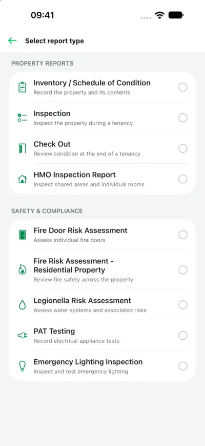 The Select report type screen, with report types grouped under Property reports and Safety & compliance