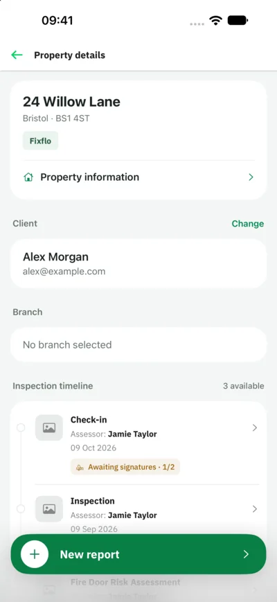 The Property details screen, showing the address, the client and the start of the inspection timeline