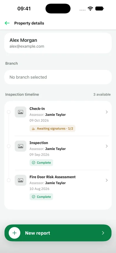 A property's inspection timeline, with check-in, inspection and fire door reports marked Complete or Awaiting signatures