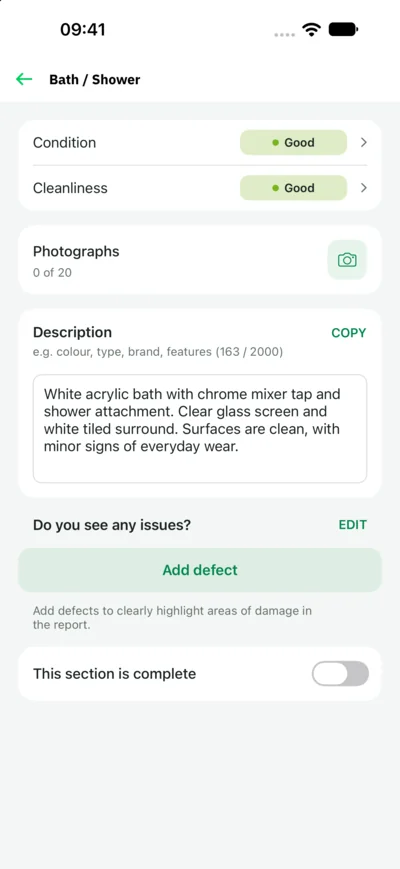 Editing a Bath / Shower item, with condition and cleanliness ratings, photographs, a description and an Add defect button
