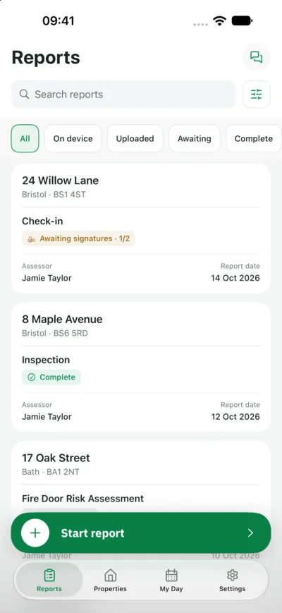 The Reports screen, with a search bar, quick filters for On device, Uploaded, Awaiting and Complete, report cards with status badges, and a Start report button