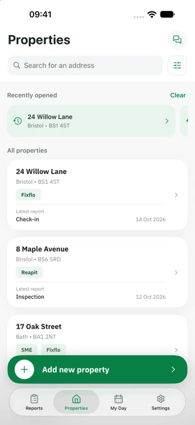The Properties screen, with address search, a recently opened property, and a property list showing integration labels and each property's latest report